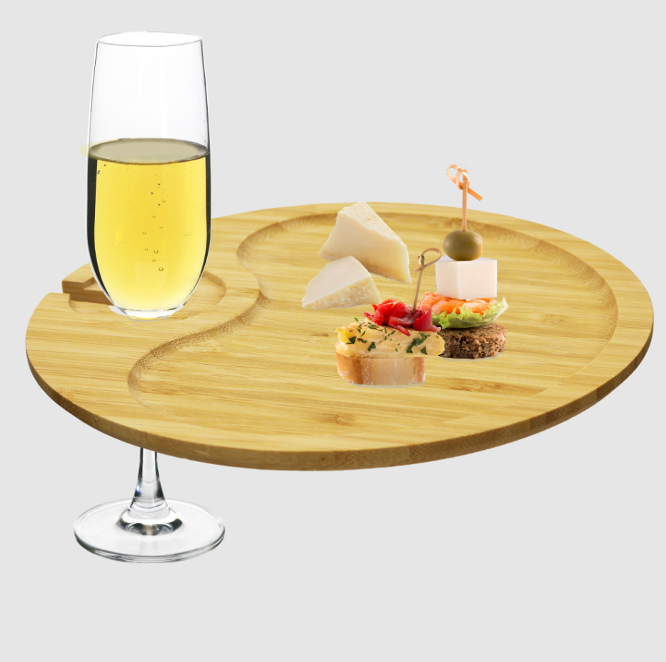Round Party Plate With Built-in Stemware Holder-Bamboo