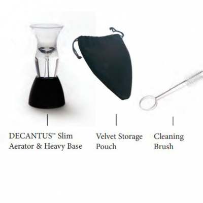 Decantus™ Slim Wine Aerator Set, 4-Piece Set Decantus Slim, Decantus Slim Aerator, Base, Velvet Storage Pouch and Cleaning Brush